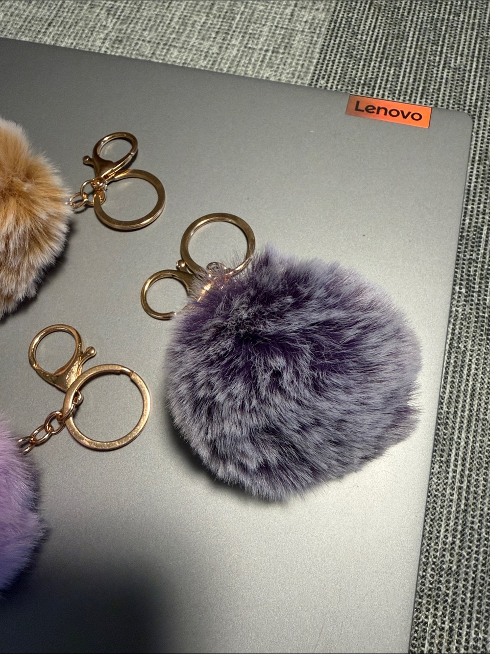 Faux Fur Pom Pom Keychains - Lavender, Gray, Camel with Gold Hardware - Picture 5 of 6